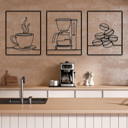 3 Pieces Metal Minimalist Line Kitchen Signs Wall Decor Drawing Rustic Kitchen Wall Art for Dining Living Room Home, 14 x 11 Inches (Coffee,Black)