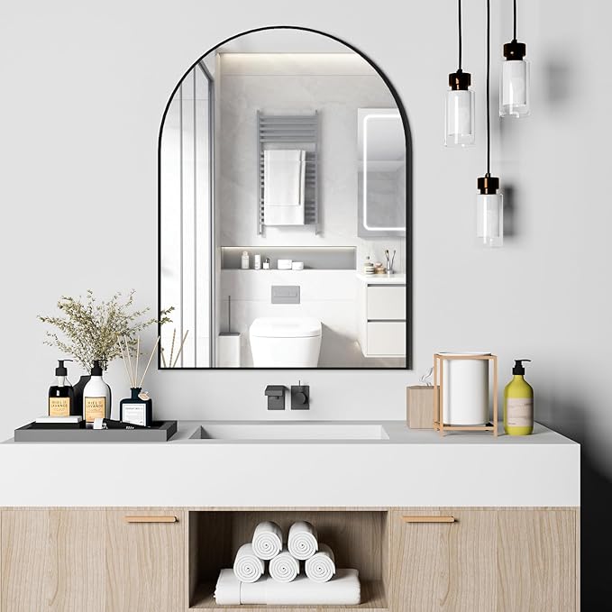 Arched Wall Mirror for Bathroom, 30"x40" Arched Mirror Wall Mounted Mirror with Metal Frame, Black Vanity Mirror Decor for Mantle, Bedroom, Entryway, Living Room