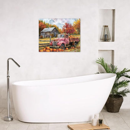 LB Fall Pumpkin Truck Wall Art Vintage Red Truck with Autumn Pumpkins in Farm Canvas Wall Art Farmhouse Harvest Wall Art Decor for Living Room Bedroom Bathroom Office Framed Ready to Hang 12L x 12W