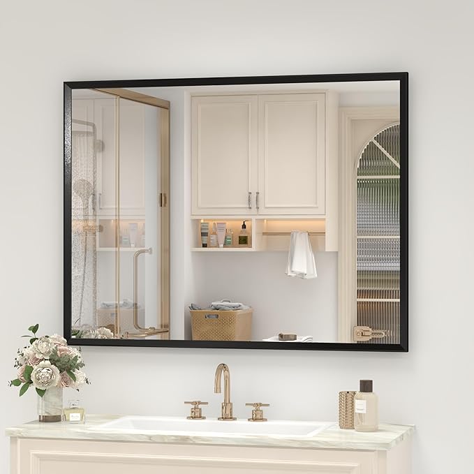 40" x 30" Matte Black Bathroom Mirror for Wall, Rectangular Beveled Vanity Mirror with Aluminum Alloy Frame, Right Angle Corner, HD Reflection, Horizontal or Vertical Mount