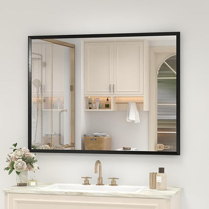 40" x 30" Matte Black Bathroom Mirror for Wall, Rectangular Beveled Vanity Mirror with Aluminum Alloy Frame, Right Angle Corner, HD Reflection, Horizontal or Vertical Mount