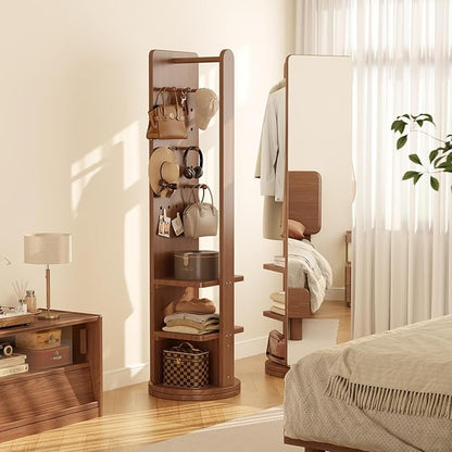WoodsWhisper Full Length Mirror Coat Rack Solid Wood Floor Mirror 66"x12" Full Length Mirror with Stand Long Mirrors for Bedroom,Living Room (Walnut Brown, 70" L x 16" W)