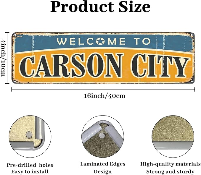 Welcome to US City Metal Wall Decor CARSON CITY Metal Tin Sign Decorative Plaque Farmhouse Country Home Decor 4" X 16"