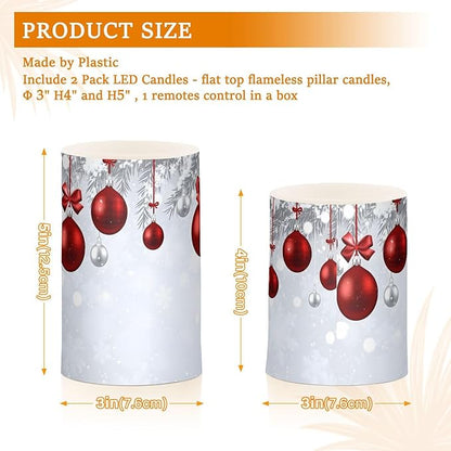 Christmas Lights Decorations Flameless Candles New Year Fir Branches Red Christmas Balls Pillar Candles Set of 2 Battery Operated Remote Control Warm Lights