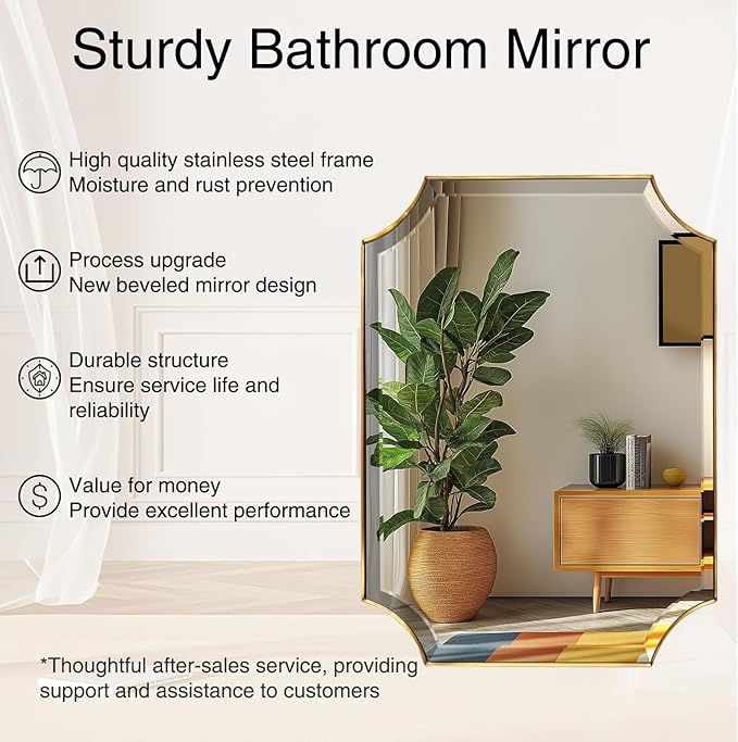 POZINO Rectangle Beveled Mirror, 24"x36" Brushed Gold Bathroom Vanity Mirror with Stainless Steel Frame, Aesthetic Wall Mirrors for Living Room Bedroom Hallway Entryway, Horizontal or Vertical Hanging