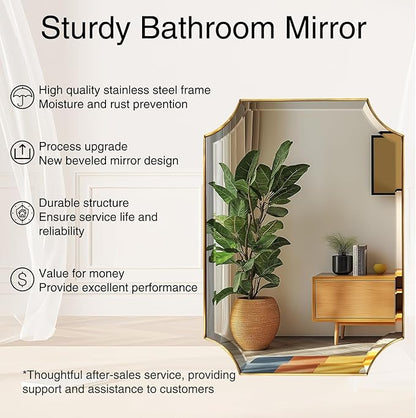 POZINO Rectangle Beveled Mirror, 24"x36" Brushed Gold Bathroom Vanity Mirror with Stainless Steel Frame, Aesthetic Wall Mirrors for Living Room Bedroom Hallway Entryway, Horizontal or Vertical Hanging