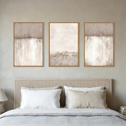 KAIRNE Large Neutral Gray Framed Canvas Wall Art Set, Abstract Duotone Gray Tan Wall Decor, Neutral Watercolor Shape Wall Pinting, Modern Landscape Art Print for Living Room,Bedroom,Office-16 x24 x3
