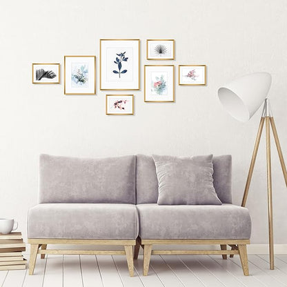 Golden State Art, Aluminum Gallery Wall Frame Set of 7 - Includes One 11x14, Two 8x10, and Four 5x7 - Metal Frames with Mat & Real Glass Cover for Elegant Home or Office Decor (Style 2, Bronze)