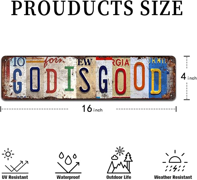 God is Good Vintage Metal Tin Sign - Rustic Inspirational Wall Art for Home, Prayer Room, Farmhouse, Office Décor - 4x16 Inch