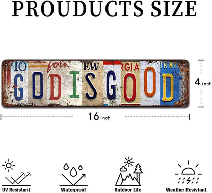 God is Good Vintage Metal Tin Sign - Rustic Inspirational Wall Art for Home, Prayer Room, Farmhouse, Office Décor - 4x16 Inch