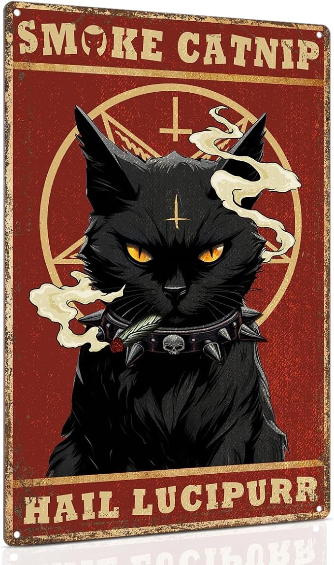 ALKB Funny Black Cat Metal Sign Retro Cat Metal Poster - Black Cat Gifts Bedroom Kitchen Wall Decor 8 x 12 Inch
