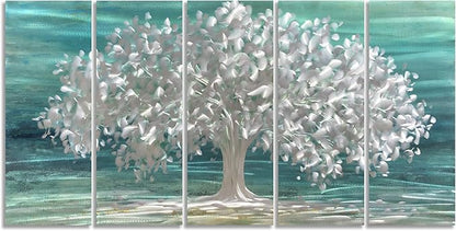 Yihui Arts Tree Of Life Metal Wall Art Handcrafted Aluminum Artwork Teal and Silver Abstract Nature Pictures in 5 Pieces for Living Room Bedroom Bathroom Decor