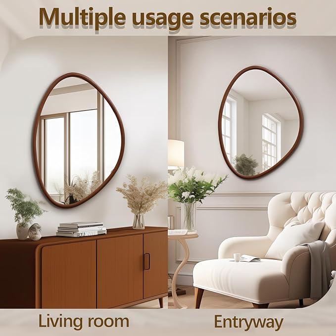 Irregular Wall Mirror, 31.5"x23.5" Wood Farmhouse Asymmetrical Mirror, Wall Mounted Bathroom Mirrors for Bedroom, Entryway, Living Room, Bathroom, Walnut