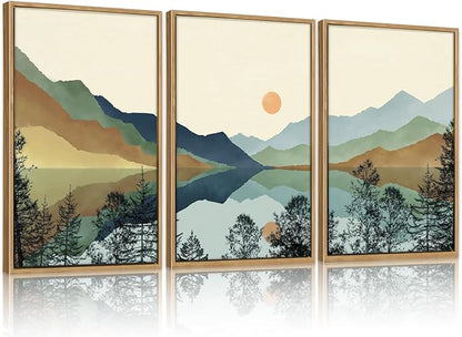 CHDITB Mountain Sun Forest Framed Art Prints(Set of 3, 24”x36”), Boho Watercolor Nature Landscape Canvas Artwork Painting, Abstract Foggy National Park Scenery Poster Decor for Living Room Bedroom