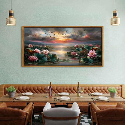 Zen Wall Art Framed Pink Lotus Flower Decor Abstract Blooming Botanical Canvas Prints Vintage Floral Pictures Nature Sunset Pond Landscape Modern Artwork for Bedroom Living Room Home Decoration 30x57.8"