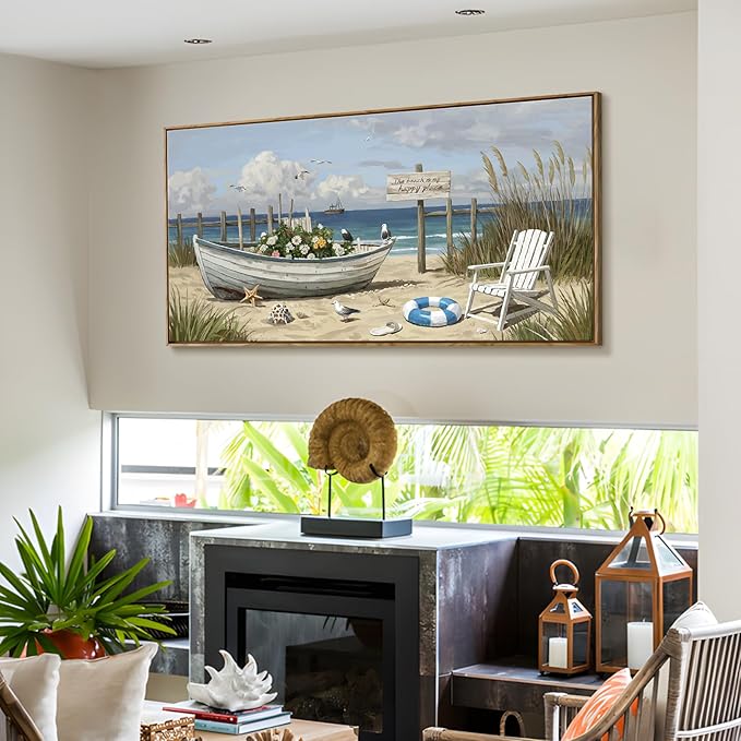 Large Framed Modern Canvas Wall Art, Natural Coastal Beach Landscape Print, Blue Seaside Scenery Decor Painting For Living Room Bedroom Dining Room Study Room, Ready To Hang 48X24 Inch