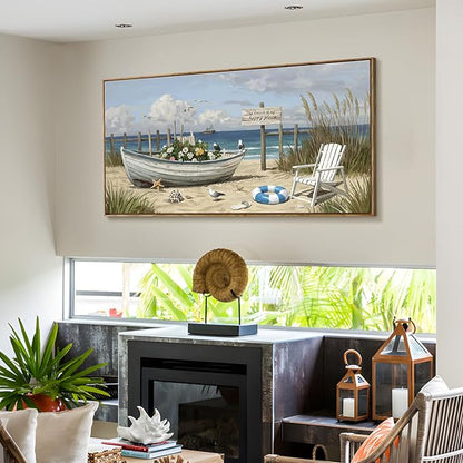 Large Framed Modern Canvas Wall Art, Natural Coastal Beach Landscape Print, Blue Seaside Scenery Decor Painting For Living Room Bedroom Dining Room Study Room, Ready To Hang 48X24 Inch