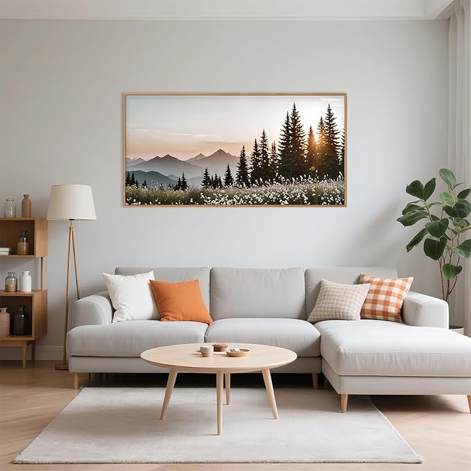 Forest Sunlight Landscape Framed Canvas Wall Art Set,Nature Mountain Pine Tree Wall Decor,Modern Sunrise Wildflower Calming Art Printing for Living Room,Bedroom-20 x40