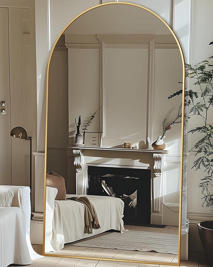 Full Length Mirror, 78"x38" Oversized Floor Mirror Freestanding, Full Body Floor Standing Mirror with Stand, Hanging Mounted for Bedroom Living Room, Gold, Arched Style