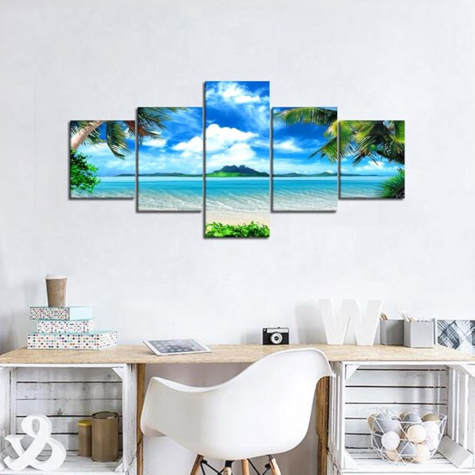 Beautiful Sky Palm Beach Paintings Modern Landscape 5 Panels Combination Set Wall Art Canvas Pictures for Home Decor Living Room Bedroom Posters and Prints Gallery-wrapped Stretched (50''W x 24''H)