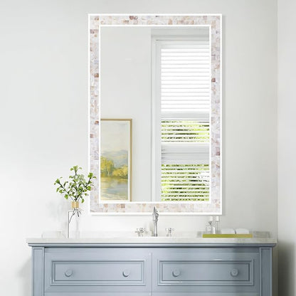 Tanmicoshomy Brown Shell Framed Rectangular Wall Mirrors for Bathroom, 24x36 Inch Mosaic Mirror for Bedroom Living Room or Entryway, Wall Mounted Horizontal or Vertical Hanging