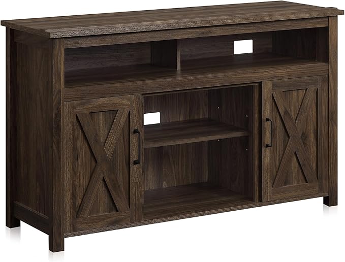 BELLEZE 48” TV Stand for TVs up to 50 Inches, Entertainment Center with Barn Door, Media TV Console Table with Two Open Shelves and Cabinets, TV Cabinet for Living Room Bedroom, Dark Walnut