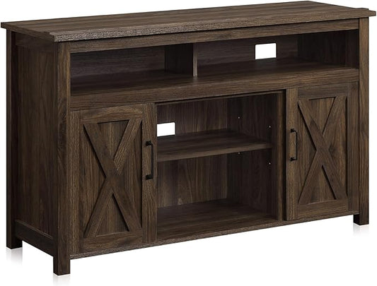 BELLEZE 48” TV Stand for TVs up to 50 Inches, Entertainment Center with Barn Door, Media TV Console Table with Two Open Shelves and Cabinets, TV Cabinet for Living Room Bedroom, Dark Walnut