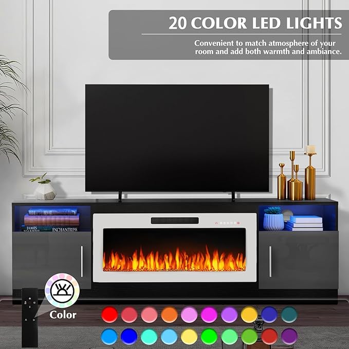 Lemberi Fireplace tv Stand with 36 inch White Fireplace Up to 80" TVs,LED Light Entertainment Center and Storage, 70" Modern Wood Media TV Console with Highlight Cabinet for Living Room