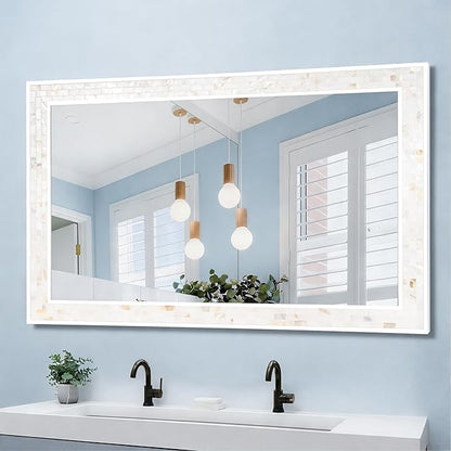 Tanmicoshomy 24 x 47 Inch White Rectangle Wall Mirror, Natual Shell Framed Rectangle Bathroom Mirrors with Tempered Glass for Bedroom Living Room or Entryway, Horizontal or Vertical Hanging