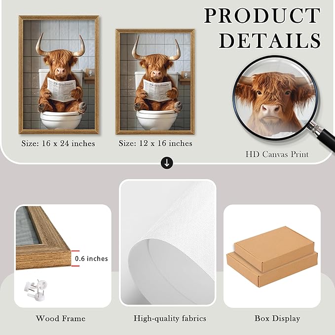 FYLDPSB 3Pcs Framed Highland Cow Bathroom Canvas Wall Art, Funny Bathroom Signs Animal Wall Decor, Rustic Cute Bathroom Poster Prints for Bathroom Restroom Decor 24''L x 16''W
