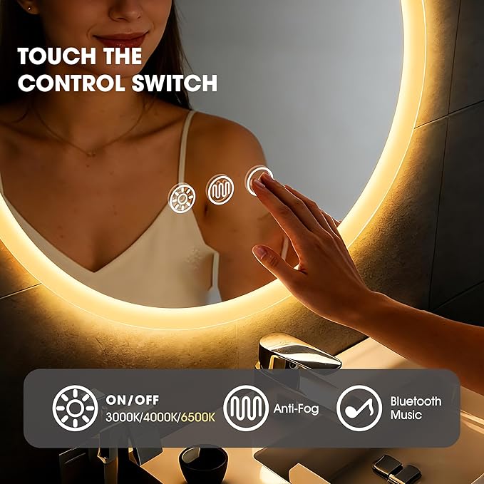 S·BAGNO 24’’ Round Led Bathroom Mirror with Lights, Backlit and Front Lighted, Anti-Fog Wall-Mounted Vanity Mirror 3000K/4000K/6500K, Dimmable Inside Bluetooth Speaker Smart Mirror