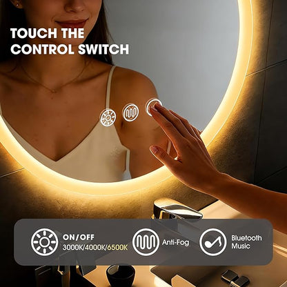 S·BAGNO 24’’ Round Led Bathroom Mirror with Lights, Backlit and Front Lighted, Anti-Fog Wall-Mounted Vanity Mirror 3000K/4000K/6500K, Dimmable Inside Bluetooth Speaker Smart Mirror