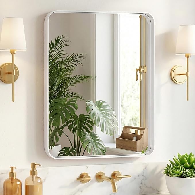 NEWBULIG 22"x30" White Wall Mirror, Bathroom Mirrors for Over Sink, Matte Metal Framed Vanity Mirror with Tempered Glass, Entryway, Living Room, Bedroom