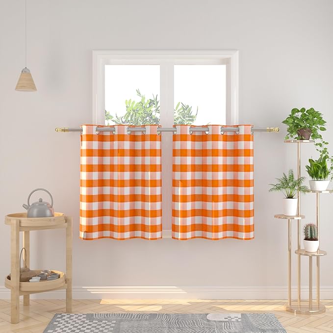 3 Pieces Tier Curtains and Valance Set Buffalo Check Kitchen Tiers Plaid Gingham Grommet Top Classic Short Small Cafe Curtains Country Farmhouse Cafe Bathroom 54"x18"/32"x30" Orange & White