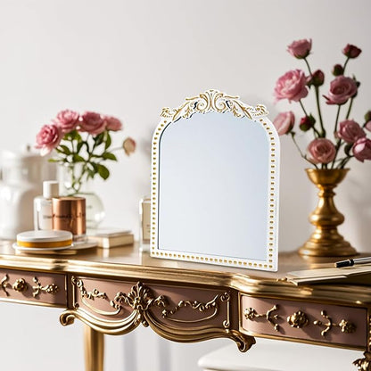Vintage Makeup Mirror Antique Arched Vanity Tabletop Mirrors for Dresser,Baroque Decor Ornate Standing Mirror for Living Room,Desktop,Bedroom 12.1" x 9.8"
