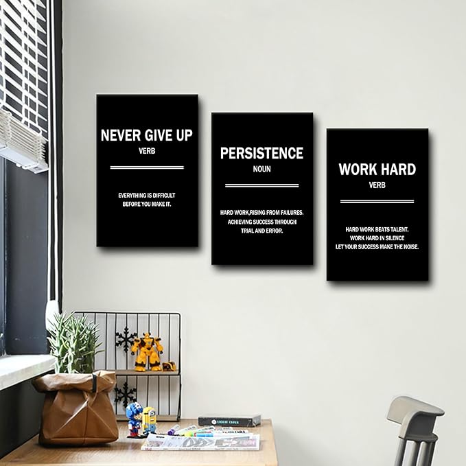 3 Pieces Motivational Canvas Wall Art Never Give Up Persistence Work Hard Success Quotes Inspirational Signs Posters Print for Home Bedroom Teens Room Gym Stretched and Framed [48''W x 24''H]