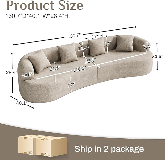 131" Oversized Sectional Sofa for Living Room, Modern Luxury Plush Chenille 4-Seater Extra Deep & Wide Seat Curved Cloud Couch with 4 Throw Pillows, No Assembly Needed, Light Brown