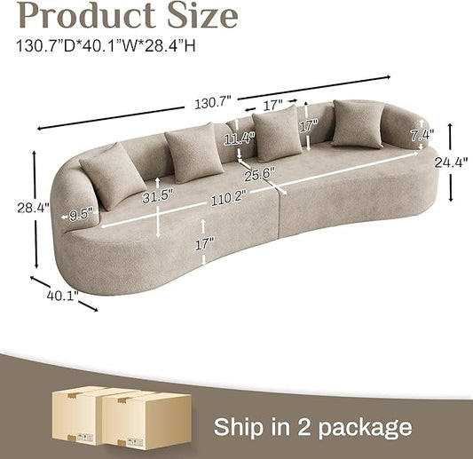 131" Oversized Sectional Sofa for Living Room, Modern Luxury Plush Chenille 4-Seater Extra Deep & Wide Seat Curved Cloud Couch with 4 Throw Pillows, No Assembly Needed, Light Brown