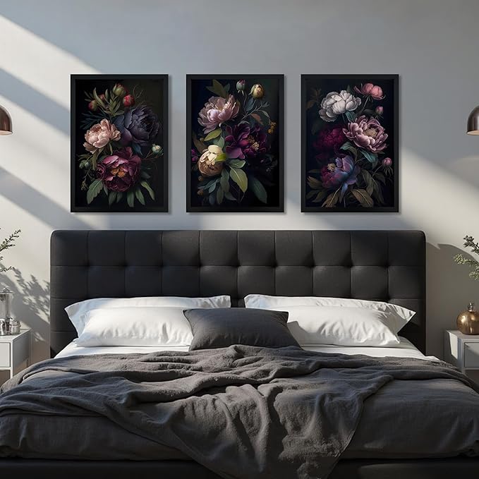 ICHZUMW Moody Peony Floral Canvas Wall Art Set of 3, Black Wood Framed Dark Academia Gothic Botanical Wall Decor, Ready to Hang Fade‑Resistant Flower Pictures for Bedroom Living Room Bathroom, 16×24in