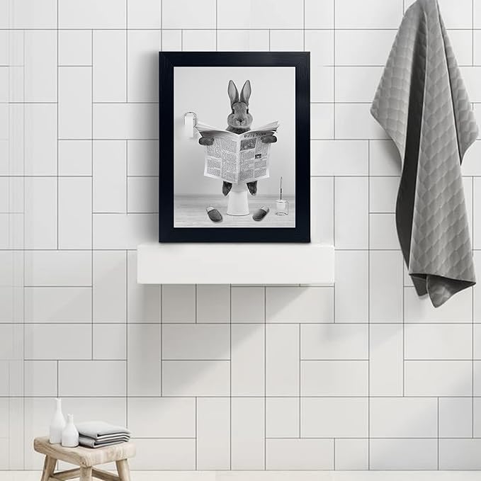 YongArt Black Framed Poster, Cute Rabbit Wall Art, Farmhouse Style Animals Bathroom Decor, Black and White Canvas Ready to Hang for Kids