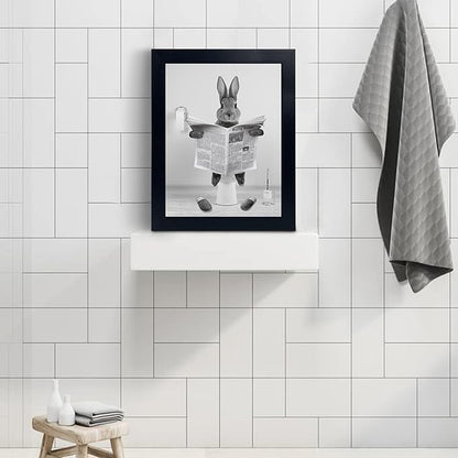 YongArt Black Framed Poster, Cute Rabbit Wall Art, Farmhouse Style Animals Bathroom Decor, Black and White Canvas Ready to Hang for Kids