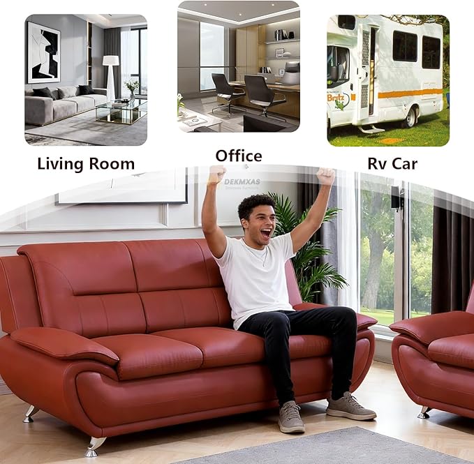 Living Room Furniture Sets, 2PCS Red Faux Leather Sofa and Chair for Living Room, Sofa Couches for Office, Bedroom, Apartment