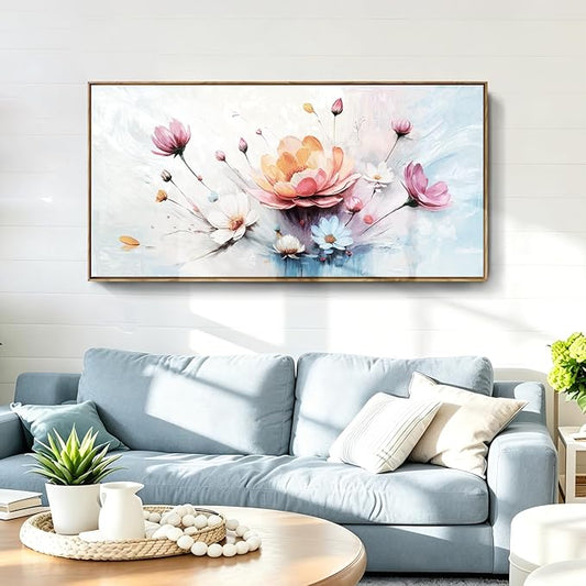 Large Framed Modern Canvas Wall Art, Abstract Natural Plant Print, Pink, Orange And Blue Textured Floral Artwork, Natural Wood Frame, Plant-Themed Wall Decoration, Suitable For Living Room, Bedroom, Dining Room, Study, Office, 48X24 Inches.
