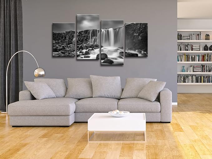 Pyradecor Waterfall Giclee Canvas Prints Wall Art Paintings for Home Decorations - Black and White Rocky Large 4 Piece Modern Gallery Wrapped Grace Seascape Sea Beach Pictures Artwork Ready to Hang L