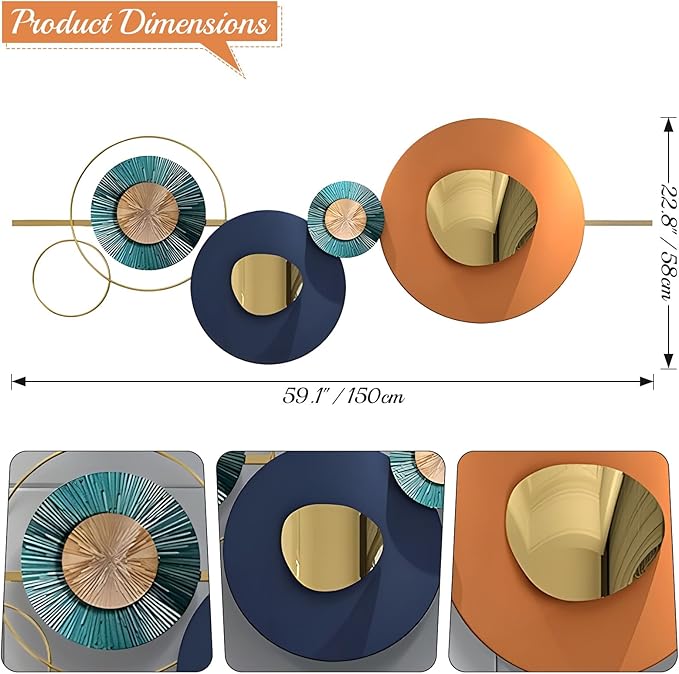 Lucky Monet Large Wall Decor for Living Room, Modern Metal Wall Art, 3D Geometric Round Wall Sculpture 59"x23" Wall Hanging Artwork Decoration for Dinning Room Bedroom Entryway