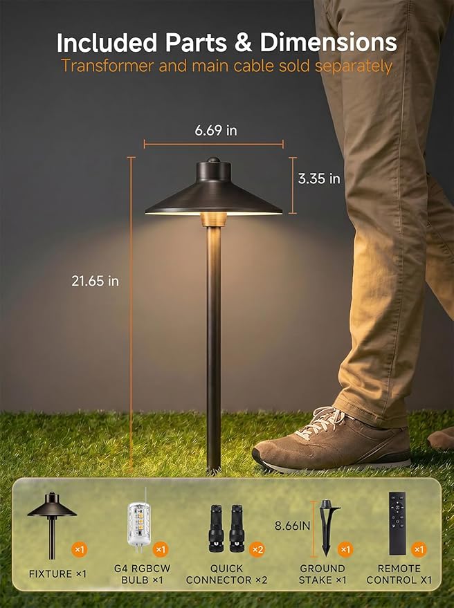 Gardenreet Brass RGBCW Low Voltage Path Light, 12v Smart Landscape Lighting with Dimmable Warm & Cool White 2700k-6500k LED G4 Bulb, App Control Multi-Color for Outdoor Walkway Yard, Bronze 2 Pack