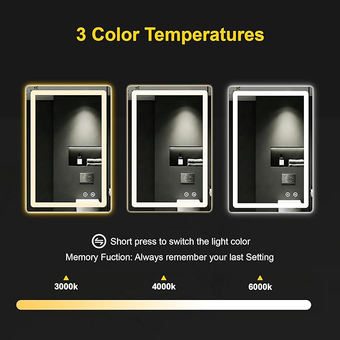 LED Bathroom Mirror with Lights - Anti-Fog, Dimmable, Backlit+Frontlit, 3 Color Light - 20"x30" Lighted Vanity Mirrors for Wall, Shatterproof Tempered Glass, Memory Function