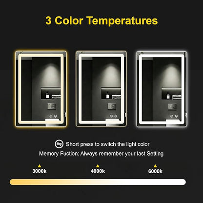 LED Bathroom Mirror with Lights - Anti-Fog, Dimmable, Backlit+Frontlit, 3 Color Light - 20"x30" Lighted Vanity Mirrors for Wall, Shatterproof Tempered Glass, Memory Function