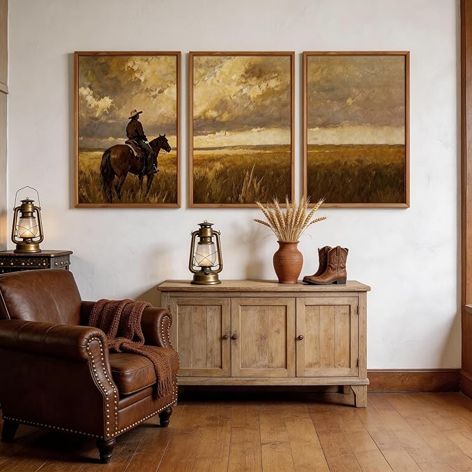 Aurlan Western Cowboy Framed Wall Art(24"x36"), 3PCS Vintage Neutral Southwestern Horse Riding Canvas Artwork, Mid Century Modern Ranch Gobi Desert Landscape Decor for Man Cave Bedroom