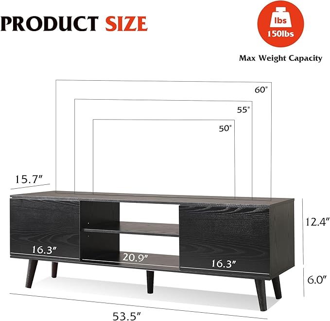 WLIVE Mid-Century Modern TV Stand for 55/60 Inch TV, Entertainment Center with Storage & Adjustable Shelves, Media Console with Soft-Close Cabinets for Living Room/Bedroom, Black